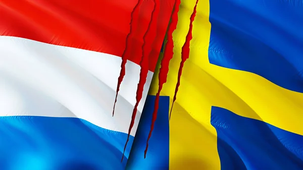 Luxembourg and Sweden flags with scar concept. Waving flag,3D rendering. Luxembourg and Sweden conflict concept. Luxembourg Sweden relations concept. flag of Luxembourg and Sweden crisis,war, attac