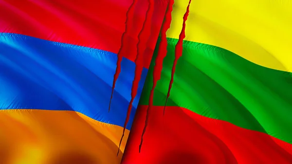 亚美尼亚和亚美尼亚的国旗带有伤疤概念 飘扬的旗帜 3D渲染 亚美尼亚和亚美尼亚冲突概念 亚美尼亚关系概念 亚美尼亚和亚美尼亚的国旗 — 图库照片