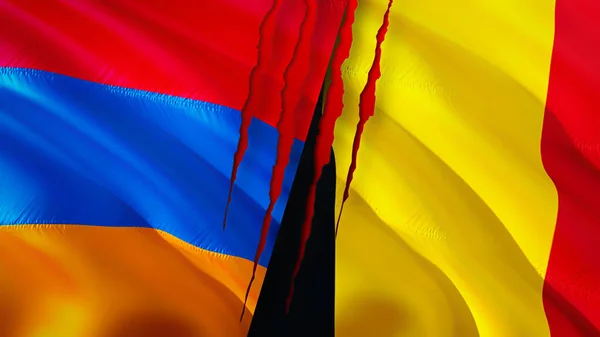 亚美尼亚和比利时的国旗带有伤疤概念 飘扬的旗帜 3D渲染 亚美尼亚和比利时冲突概念 亚美尼亚 比利时关系概念 亚美尼亚和比利时国旗危机 — 图库照片