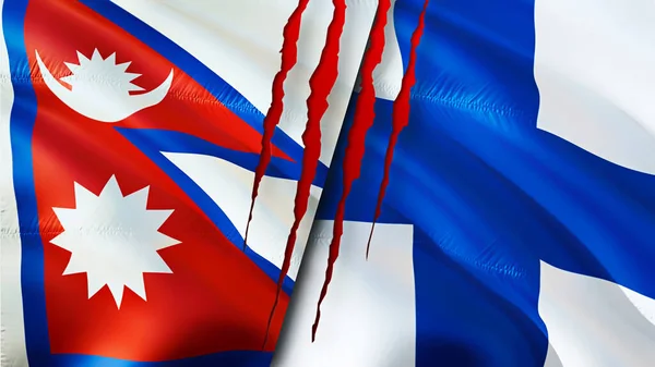 Флаги Непала Финляндии Шрамом Флажок Рендеринг Концепция Конфликта Непале Финляндии — стоковое фото