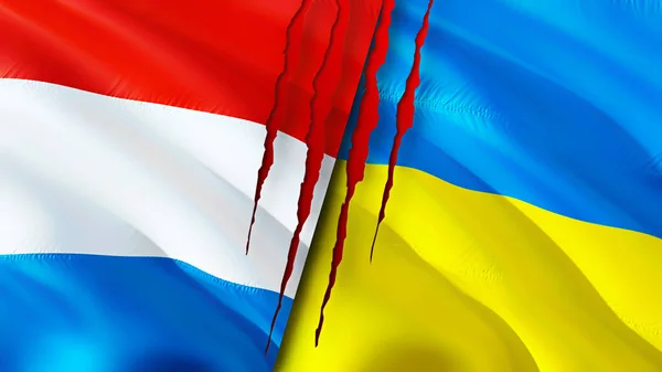 Lussemburgo Ucraina Bandiere Con Concetto Cicatrice Bandiera Sventolante Rendering Lussemburgo — Foto Stock