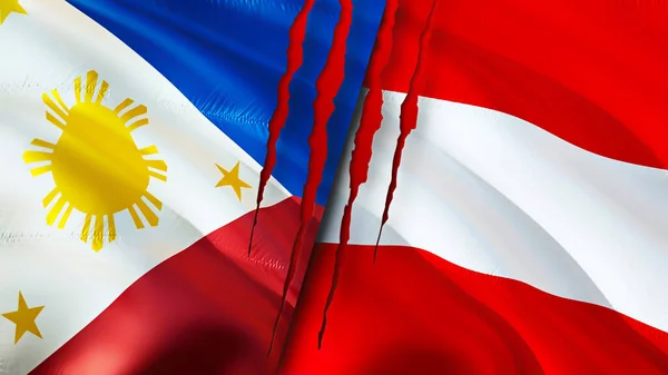Philippines and Austria flags with scar concept. Waving flag,3D rendering. Philippines and Austria conflict concept. Philippines Austria relations concept. flag of Philippines and Austri