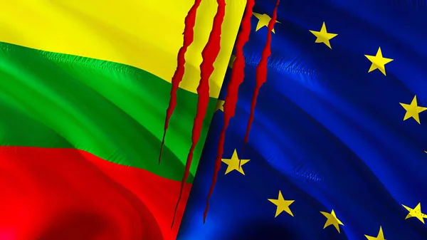 Lithuania and European Union flags with scar concept. Waving flag,3D rendering. Lithuania and European Union conflict concept. Lithuania European Union relations concept. flag of Lithuania an