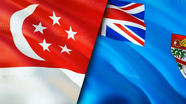 新加坡和斐济的国旗 3D波浪旗帜设计 新加坡斐济国旗 新加坡对斐济的图像 3D渲染 新加坡斐济关系联盟与贸易 — 图库照片