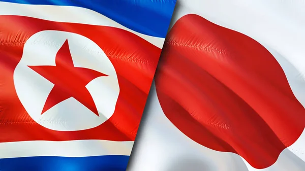 North Korea and Japan flags. 3D Waving flag design. North Korea Japan flag, picture, wallpaper. North Korea vs Japan image,3D rendering. North Korea Japan relations alliance and Trade,travel,touris