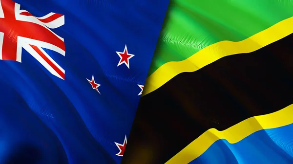 New Zealand and Tanzania flags. 3D Waving flag design. New Zealand Tanzania flag, picture, wallpaper. New Zealand vs Tanzania image,3D rendering. New Zealand Tanzania relations war allianc