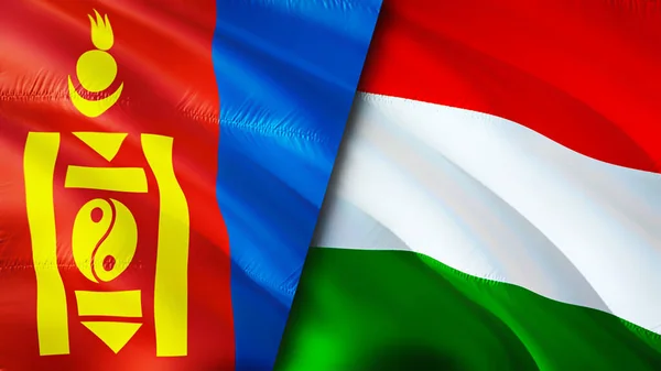 Mongolia and Hungary flags. 3D Waving flag design. Mongolia Hungary flag, picture, wallpaper. Mongolia vs Hungary image,3D rendering. Mongolia Hungary relations alliance and Trade,travel,touris