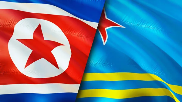 North Korea and Aruba flags. 3D Waving flag design. North Korea Aruba flag, picture, wallpaper. North Korea vs Aruba image,3D rendering. North Korea Aruba relations alliance and Trade,travel,touris