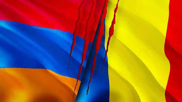 Armenia Romania Flags Scar Concept Waving Flag Rendering Armenia Romania — Stock Photo, Image