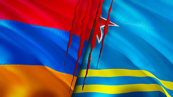 Örményország Aruba Zászlók Sebhely Koncepcióval Lengő Zászló Renderelés Örményország Aruba — Stock Fotó