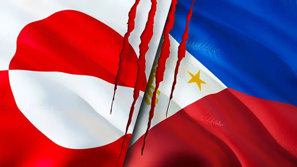 Greenland and Philippines flags with scar concept. Waving flag,3D rendering. Greenland and Philippines conflict concept. Greenland Philippines relations concept. flag of Greenland and Philippine