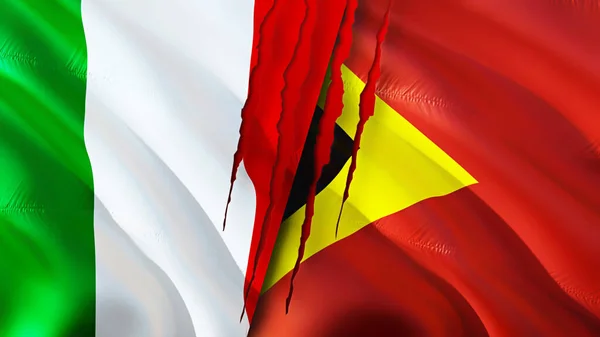 Italië Oost Timor Vlaggen Met Litteken Concept Wuivende Vlag Weergave — Stockfoto