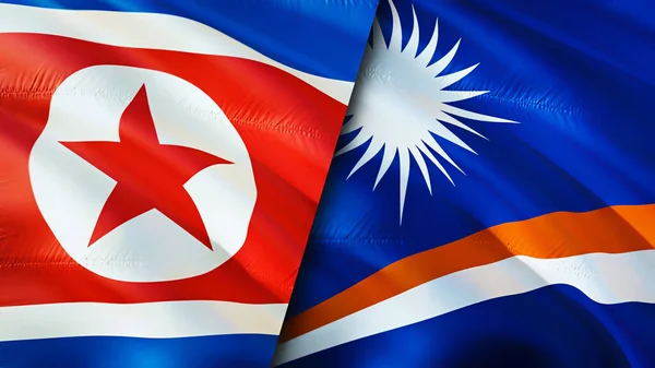 North Korea and USA Marshall Islands. 3D Waving flag design. North Korea USA flag, picture, wallpaper. North Korea vs USA image,3D rendering. North Korea USA relations alliance an