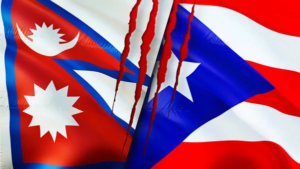 Nepal Puerto Rico Flags Scar Concept Waving Flag Rendering Nepal — Stock Photo, Image