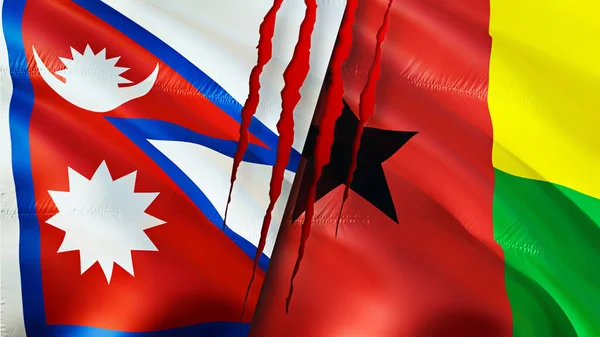 Nepal and Guinea Bissau flags with scar concept. Waving flag,3D rendering. Nepal and Guinea Bissau conflict concept. Nepal Guinea Bissau relations concept. flag of Nepal and Guinea Bissa