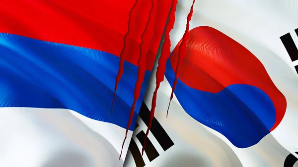 Serbia and South Korea flags with scar concept. Waving flag,3D rendering. Serbia and South Korea conflict concept. Serbia South Korea relations concept. flag of Serbia and South Korea crisis,war