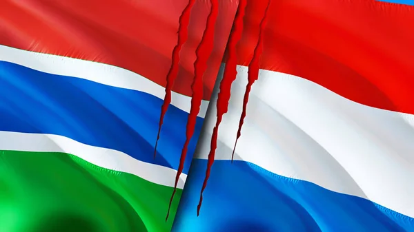 Bandeiras Gâmbia Luxemburgo Com Conceito Cicatriz Bandeira Ondulada Renderização Conceito — Fotografia de Stock