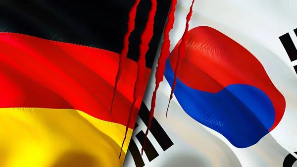 Germany and South Korea flags with scar concept. Waving flag,3D rendering. Germany and South Korea conflict concept. Germany South Korea relations concept. flag of Germany and South Kore
