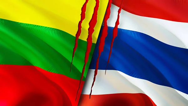 Lithuania and Thailand flags with scar concept. Waving flag,3D rendering. Lithuania and Thailand conflict concept. Lithuania Thailand relations concept. flag of Lithuania and Thailand crisis,war