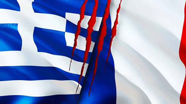 Greece and France flags with scar concept. Waving flag,3D rendering. Greece and France conflict concept. Greece France relations concept. flag of Greece and France crisis,war, attack concep