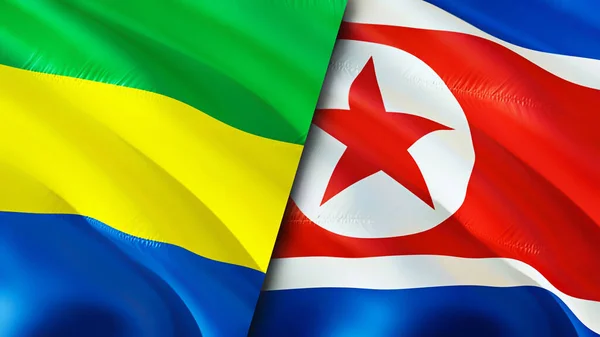 Gabon and North Korea flags. 3D Waving flag design. Gabon North Korea flag, picture, wallpaper. Gabon vs North Korea image,3D rendering. Gabon North Korea relations alliance and Trade,travel,touris