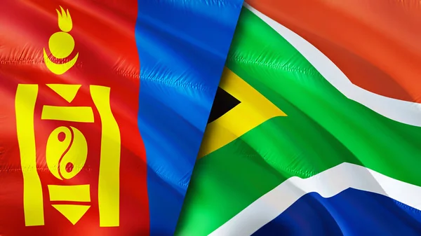 Mongolia and South Africa flags. 3D Waving flag design. Mongolia South Africa flag, picture, wallpaper. Mongolia vs South Africa image,3D rendering. Mongolia South Africa relations alliance an