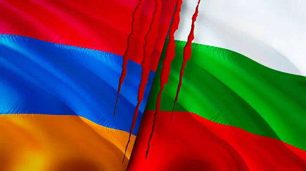 Armenia and Bulgaria flags with scar concept. Waving flag,3D rendering. Armenia and Bulgaria conflict concept. Armenia Bulgaria relations concept. flag of Armenia and Bulgaria crisis,war,