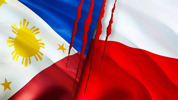 Philippines and Poland flags with scar concept. Waving flag,3D rendering. Philippines and Poland conflict concept. Philippines Poland relations concept. flag of Philippines and Poland crisis,war