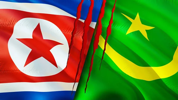 North Korea and Mauritania flags with scar concept. Waving flag,3D rendering. North Korea and Mauritania conflict concept. North Korea Mauritania relations concept. flag of North Korea an