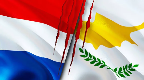 Netherlands and Cyprus flags with scar concept. Waving flag,3D rendering. Netherlands and Cyprus conflict concept. Netherlands Cyprus relations concept. flag of Netherlands and Cyprus crisis,war