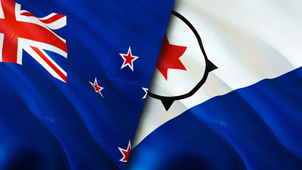 新西兰和博内尔岛的国旗 3D波浪旗帜设计 新西兰博内尔旗 纽西兰对博内尔图像 3D渲染 新西兰的博内尔岛关系 — 图库照片