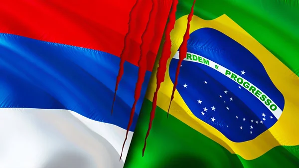 Bandeiras Sérvia Brasil Com Conceito Cicatriz Bandeira Ondulada Renderização Conceito — Fotografia de Stock