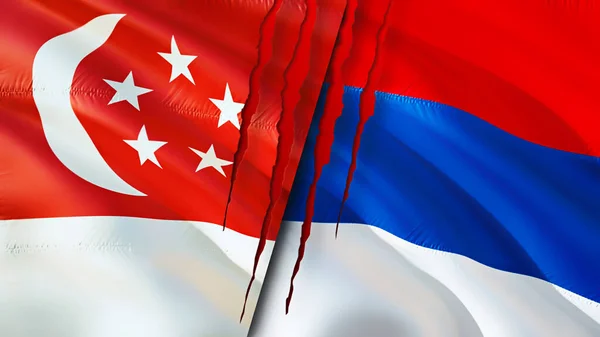 Banderas Singapur Serbia Con Concepto Cicatriz Bandera Ondeante Representación Concepto — Foto de Stock