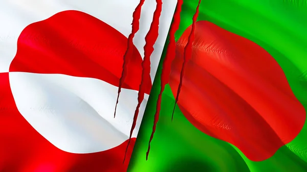 Greenland and Bangladesh flags with scar concept. Waving flag,3D rendering. Greenland and Bangladesh conflict concept. Greenland Bangladesh relations concept. flag of Greenland and Banglades