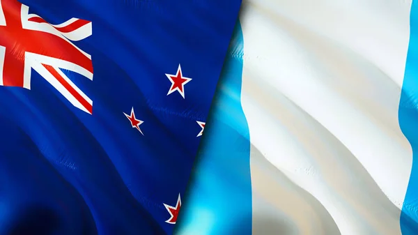 新西兰和危地马拉的国旗 3D波浪旗帜设计 新西兰危地马拉国旗 新西兰对危地马拉的图像 3D渲染 新西兰危地马拉关系战争联盟C — 图库照片