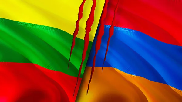 立陶宛和亚美尼亚的国旗带有伤疤概念 飘扬的旗帜 3D渲染 立陶宛和亚美尼亚冲突概念 立陶宛 亚美尼亚关系概念 立陶宛和亚美尼亚国旗危机 战争C — 图库照片