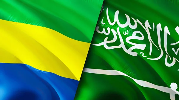 Gabon and Saudi Arabia flags. 3D Waving flag design. Gabon Saudi Arabia flag, picture, wallpaper. Gabon vs Saudi Arabia image,3D rendering. Gabon Saudi Arabia relations alliance an