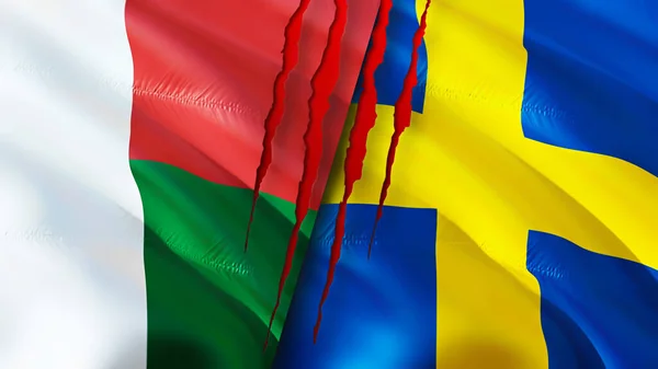Madagascar and Sweden flags with scar concept. Waving flag,3D rendering. Madagascar and Sweden conflict concept. Madagascar Sweden relations concept. flag of Madagascar and Sweden crisis,war, attac