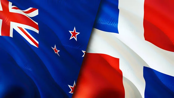 新西兰和多米尼加共和国的国旗 3D波浪旗帜设计 新西兰多米尼加共和国国旗 新西兰对多米尼加共和国的图像 3D渲染 新西兰多米尼克 — 图库照片