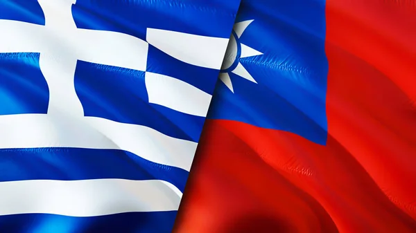 Greece and Taiwan flags. 3D Waving flag design. Greece Taiwan flag, picture, wallpaper. Greece vs Taiwan image,3D rendering. Greece Taiwan relations alliance and Trade,travel,tourism concep