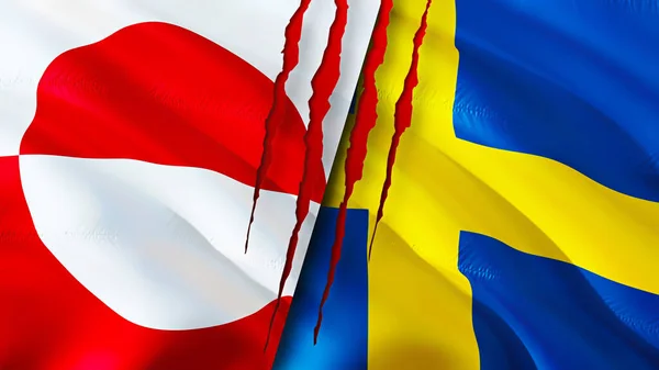 Greenland and Sweden flags with scar concept. Waving flag,3D rendering. Greenland and Sweden conflict concept. Greenland Sweden relations concept. flag of Greenland and Sweden crisis,war, attac