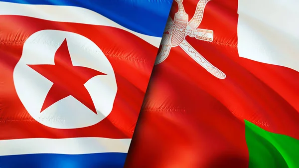 North Korea and USA Oman. 3D Waving flag design. North Korea USA flag, picture, wallpaper. North Korea vs USA image,3D rendering. North Korea USA relations alliance and Trade,travel,tourism concep