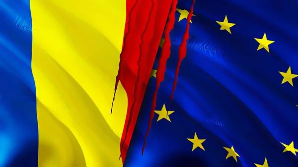 Romania and European Union flags with scar concept. Waving flag,3D rendering. Romania and European Union conflict concept. Romania European Union relations concept. flag of Romania and Europea