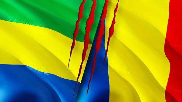 加蓬和罗马尼亚的国旗上有疤痕的概念 飘扬的旗帜 3D渲染 加蓬和罗马尼亚冲突概念 加蓬罗马尼亚关系概念 加蓬和罗马尼亚的国旗危机 — 图库照片