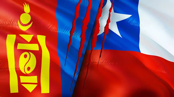 Mongolia and Chile flags with scar concept. Waving flag,3D rendering. Mongolia and Chile conflict concept. Mongolia Chile relations concept. flag of Mongolia and Chile crisis,war, attack concep