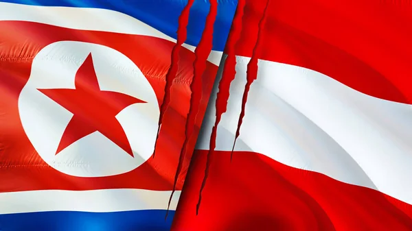 North Korea and Austria flags with scar concept. Waving flag,3D rendering. North Korea and Austria conflict concept. North Korea Austria relations concept. flag of North Korea and Austri