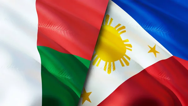 Madagascar and Philippines flags. 3D Waving flag design. Madagascar Philippines flag, picture, wallpaper. Madagascar vs Philippines image,3D rendering. Madagascar Philippines relations alliance an