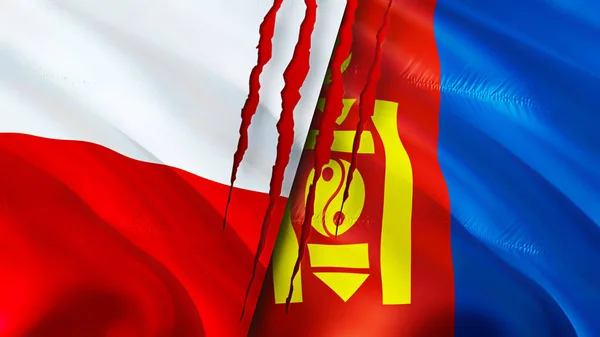 Польські Монгольські Прапори Поняттям Шрамів Прапор Рендеринг Польща Монголія Конфлікт — стокове фото