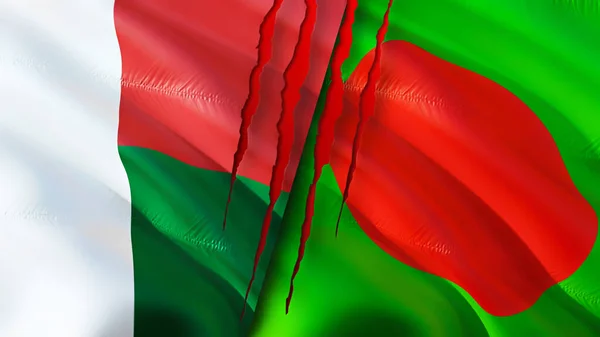 Flagi Madagaskaru Bangladeszu Blizną Machanie Flagą Renderowanie Koncepcja Konfliktu Madagaskarze — Zdjęcie stockowe