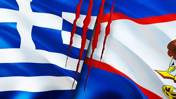 Greece and American Samoa flags with scar concept. Waving flag,3D rendering. Greece and American Samoa conflict concept. Greece American Samoa relations concept. flag of Greece and American Samo